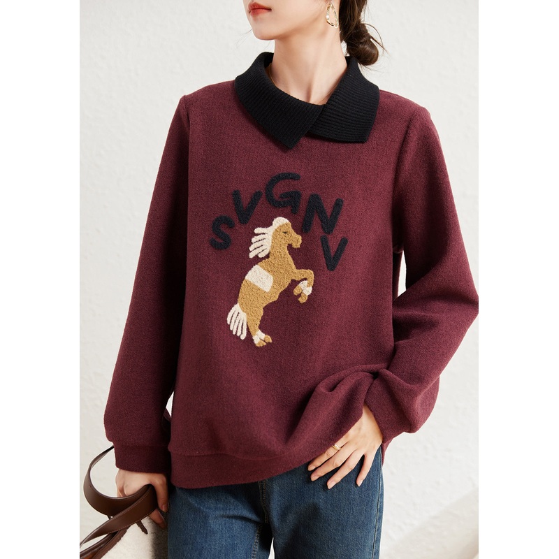 Natural Mulberry Peter Pan Collar Patchwork Horse Cotton Loose Sweatshirts Top Spring