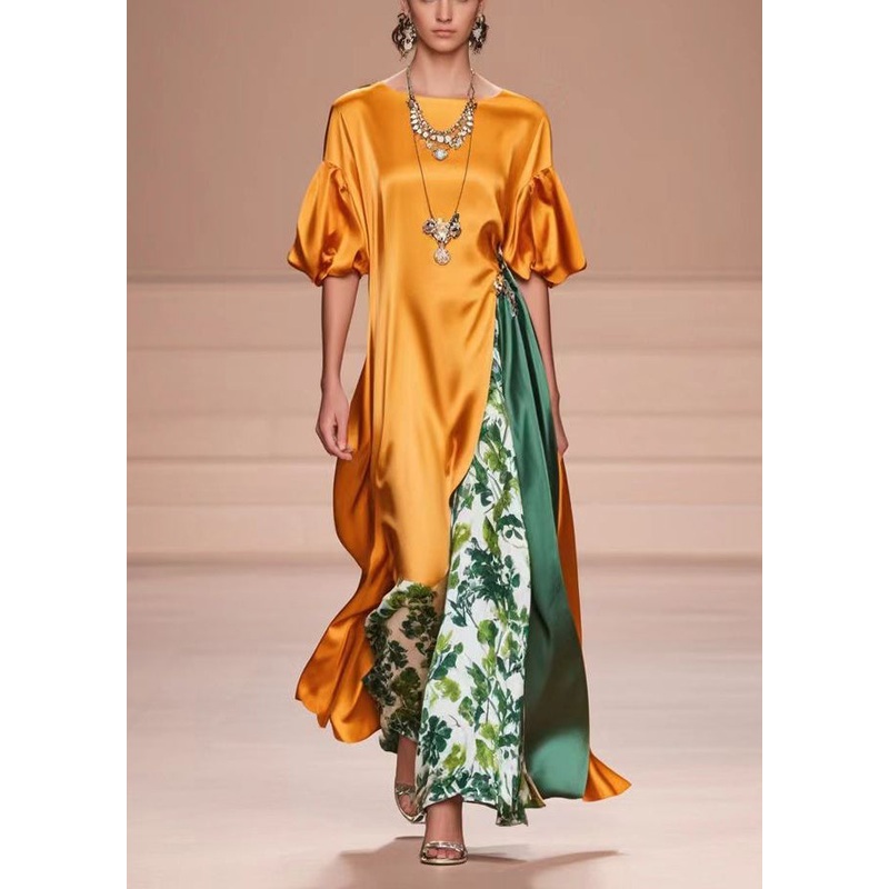 Natural Orange Asymmetrical Patchwork Silk Vacation Dresses Lantern Sleeves