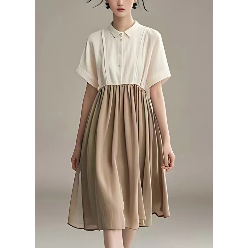 New Beige Peter Pan Collar Button Patchwork Cotton Dress Summer