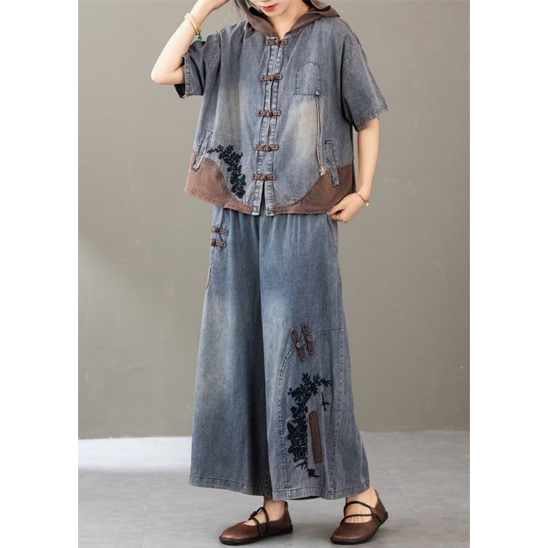 New Blue Embroidered Tops And Wide Leg Pants Two Pieces Set Summer