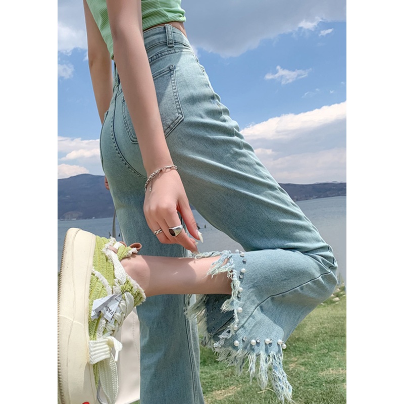 New Blue Tasseled Nail Bead High Waist Denim Crop Pants Summer