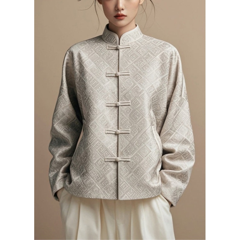 New Grey Stand Collar Print Cotton Coat Fall