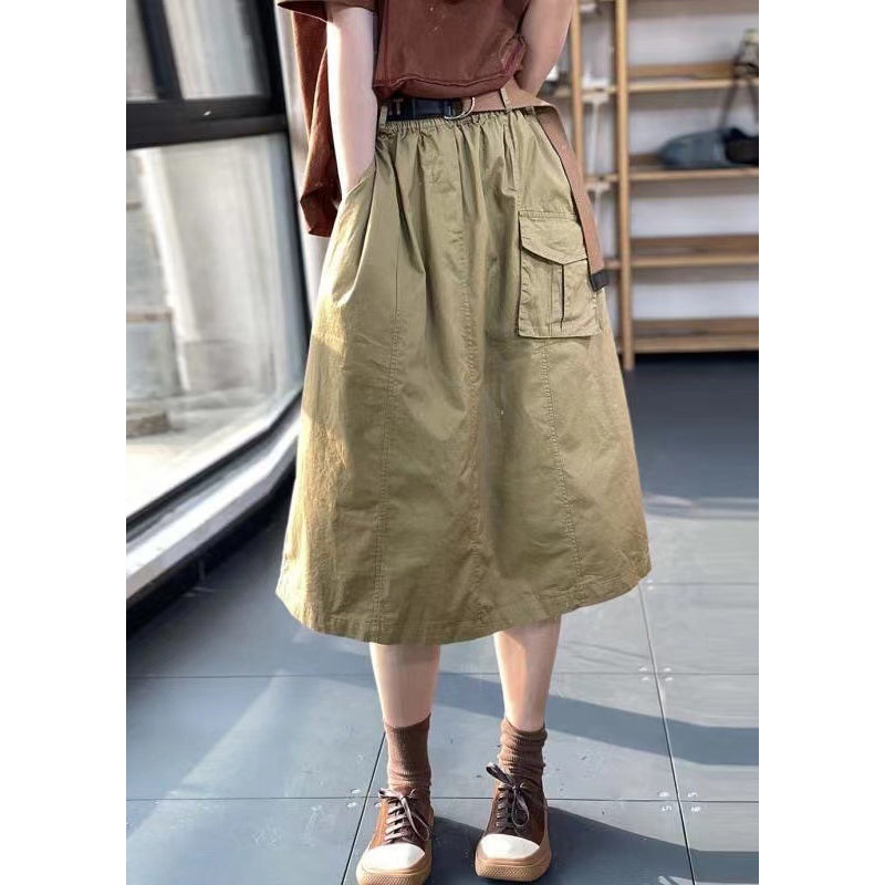 New Khaki Pockets Elastic Waist Cotton Skirt Summer