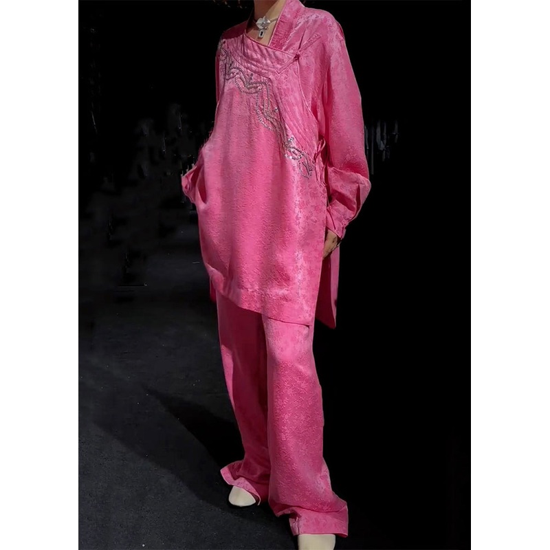New Pink Embroidered Side Open Silk Two Piece Set Long Sleeve