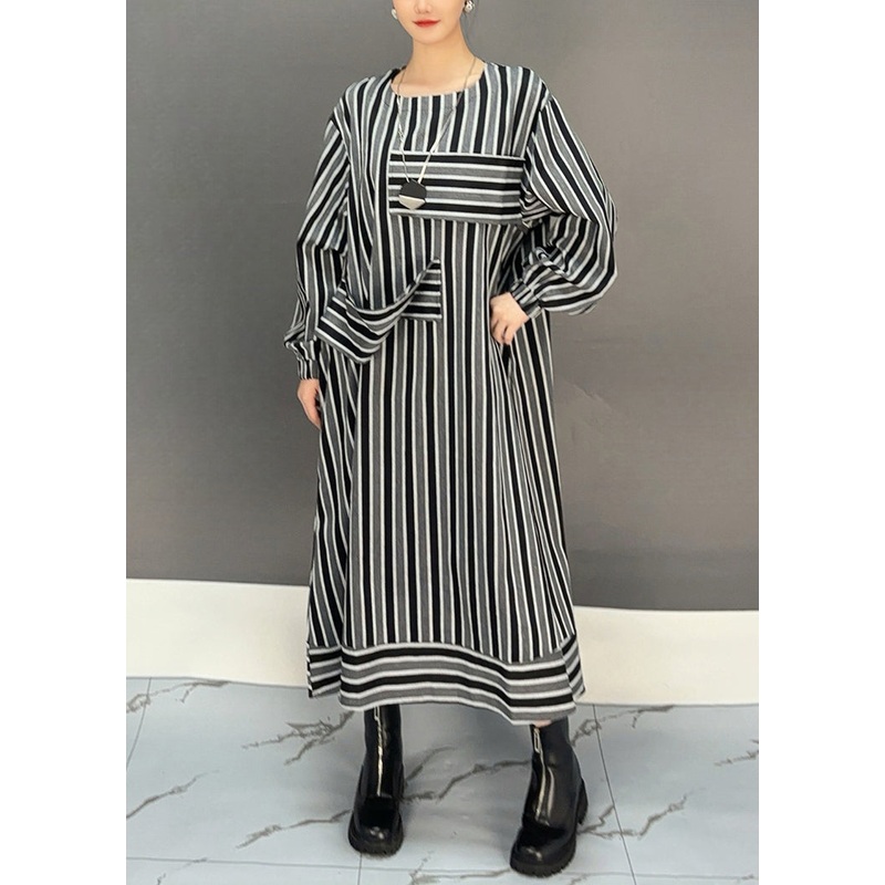 New Striped O Neck Pockets Cotton Long Dress Fall