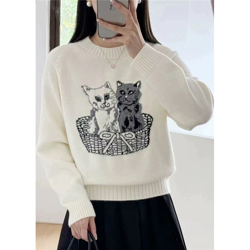 New White O Neck Animal Cozy Knit Sweaters Fall
