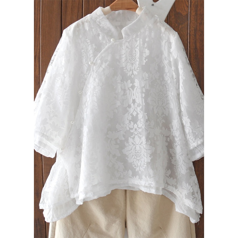 New White Stand Collar Lace Button Cotton Shirt Bracelet Sleeve