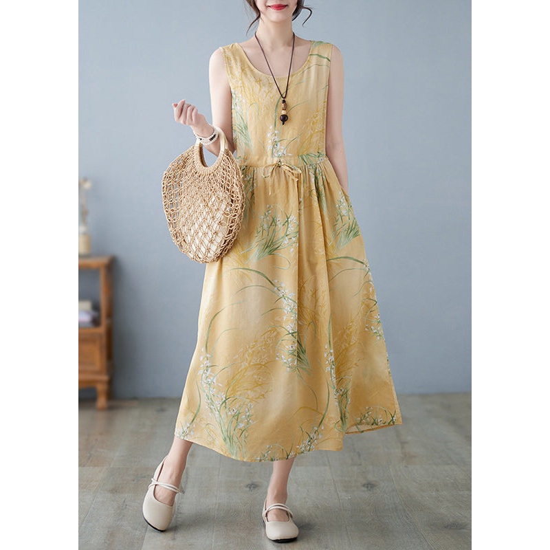 New Yellow Print Lace Up Pockets Cotton Dress Sleeveless