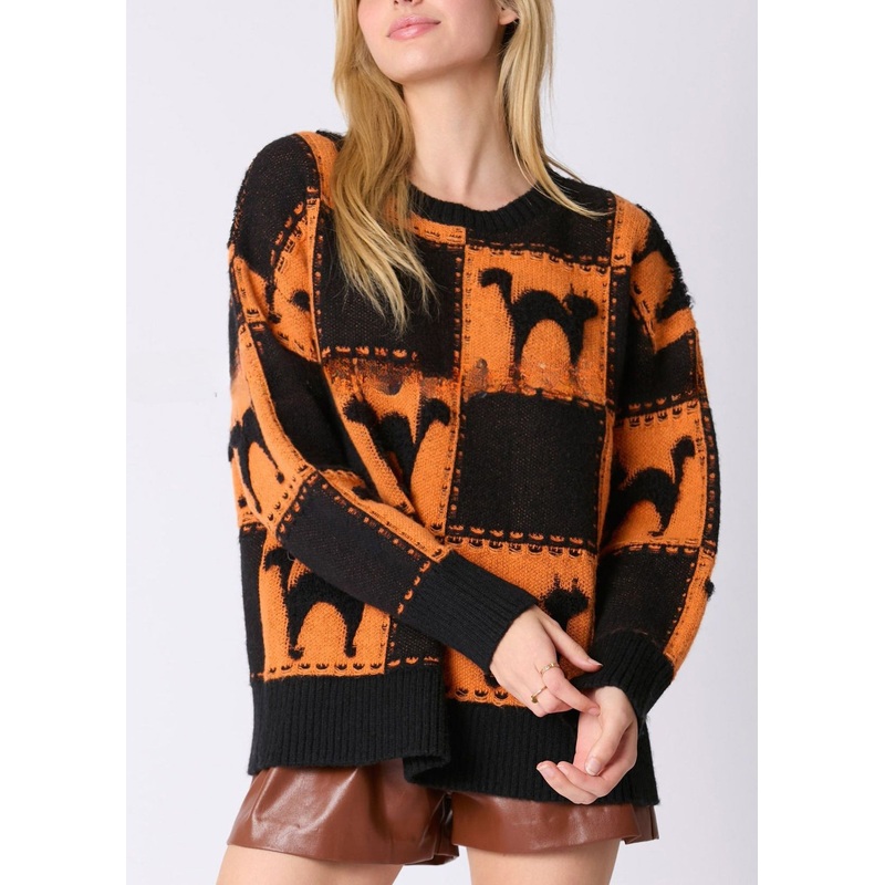 Orange Animal Cozy Knit Sweater O Neck Fall