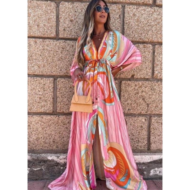 Pink Print Belted Button Down V Neck Maxi Dress