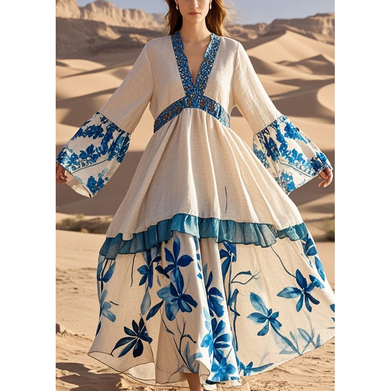 Plus Size Apricot V Neck Patchwork Print Cotton Holiday Dress Fall