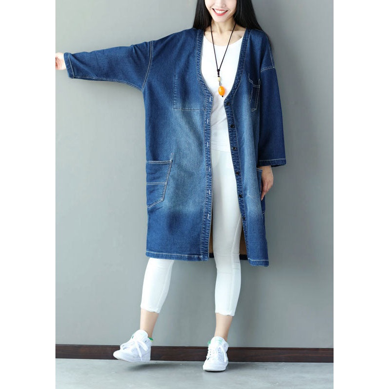Plus Size Blue V Neck Pockets Applique Cotton Denim Coats Spring
