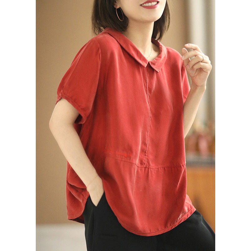 Red Button Cotton T Shirt Peter Pan Collar Short Sleeve
