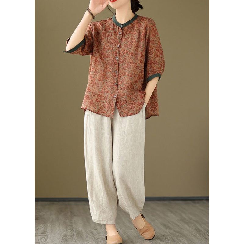 Red Print Elastic Waist Cotton Two Pieces Set O Neck Spring