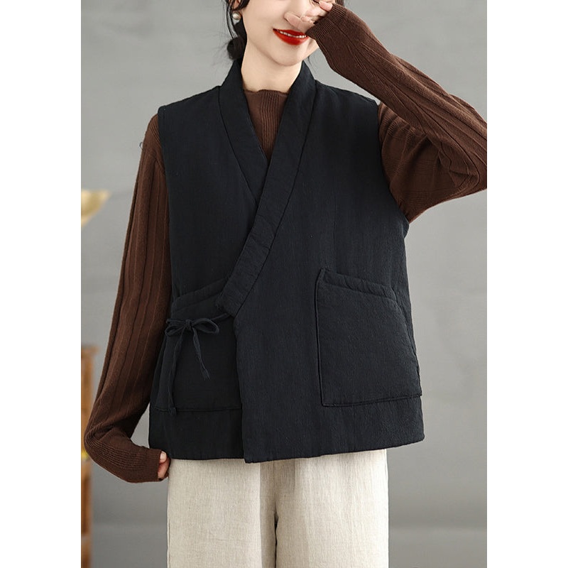 Retro Black Pockets Lace Up Fine Cotton Filled Vest Winter