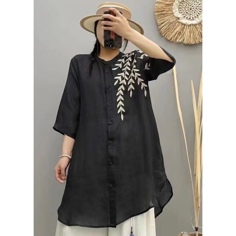 Retro Black Stand Collar Embroidered Linen Shirts Bracelet Sleeve