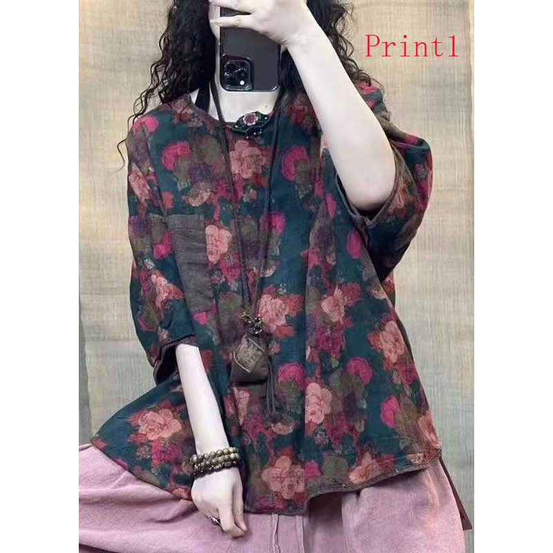 Retro Loose Print O-Neck Linen Tops Summer
