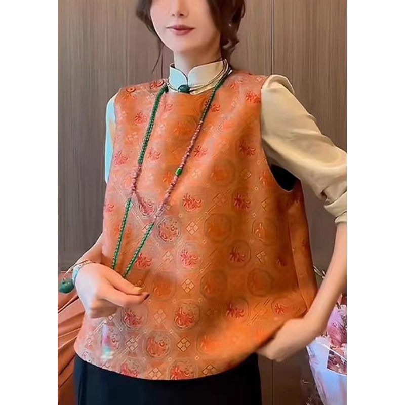 Retro New Chinese Style Orange Printed Vest Top Sleeveless