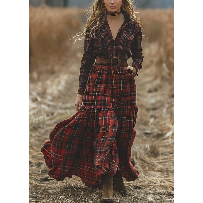 Retro Plaid Pockets Long Sleeve Bohemian Pastoral Dresses