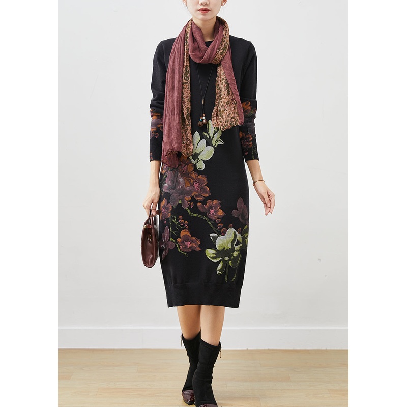 Silm Fit Black Print Side Open Long Knit Dress Spring