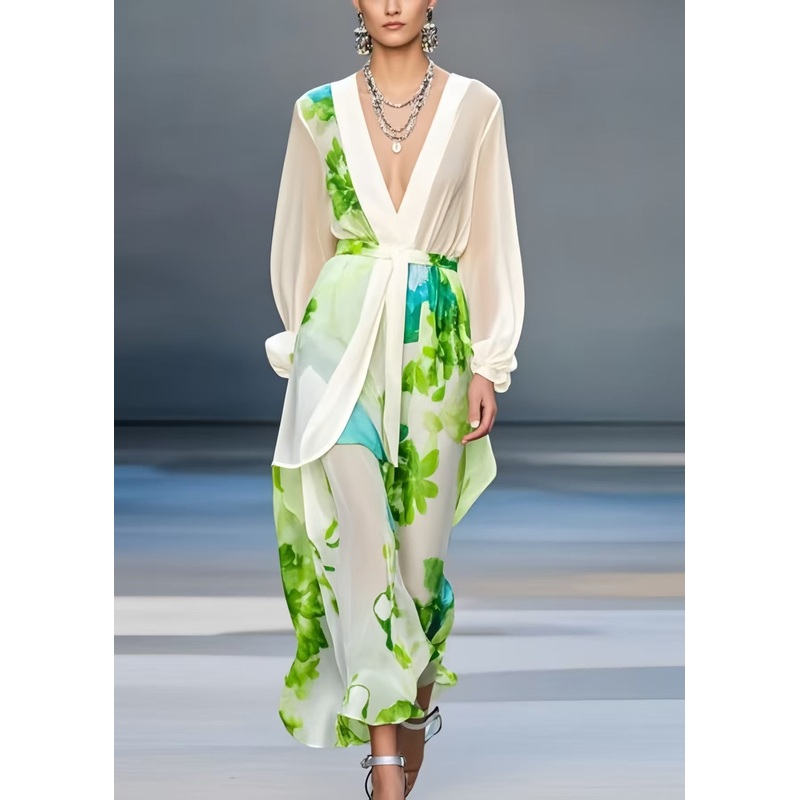 Silm Fit White Deep-V Neck Print Chiffon Dresses Spring