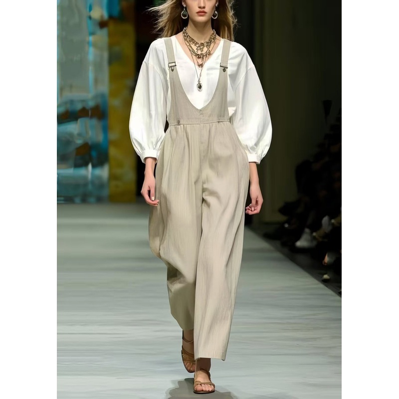 Simple Beige Oversized Cotton Jumpsuit Spring