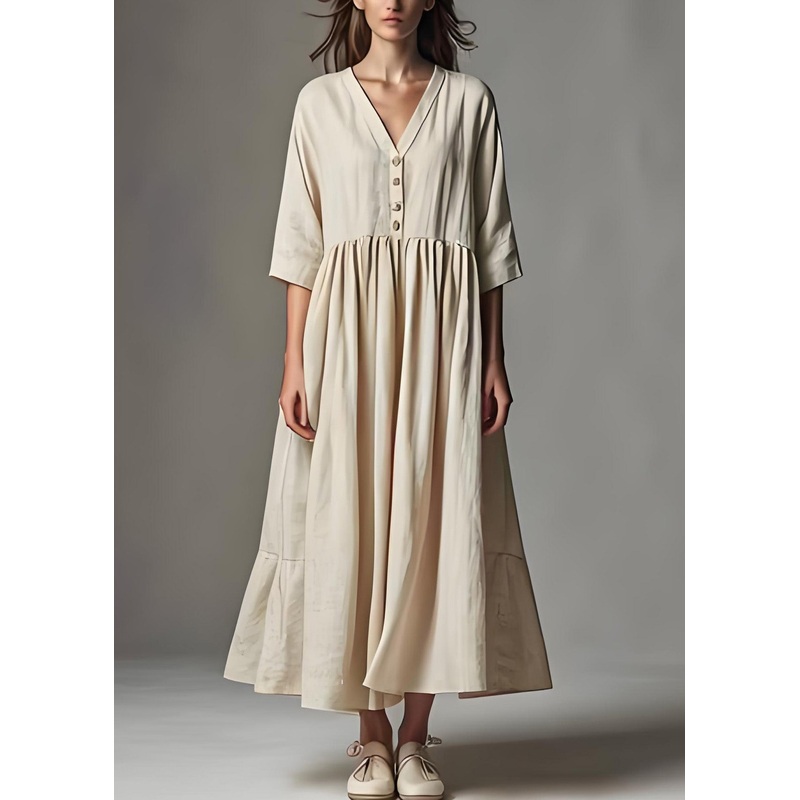 Simple Beige V Neck Wrinkled Patchwork Linen Dress Summer