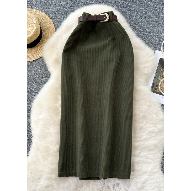 Simple Green Side Open High Waist Corduroy Skirts Winter