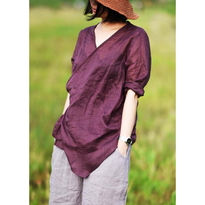 Simple Wine Red V Neck Lace Up Linen Shirts Bracelet Sleeve