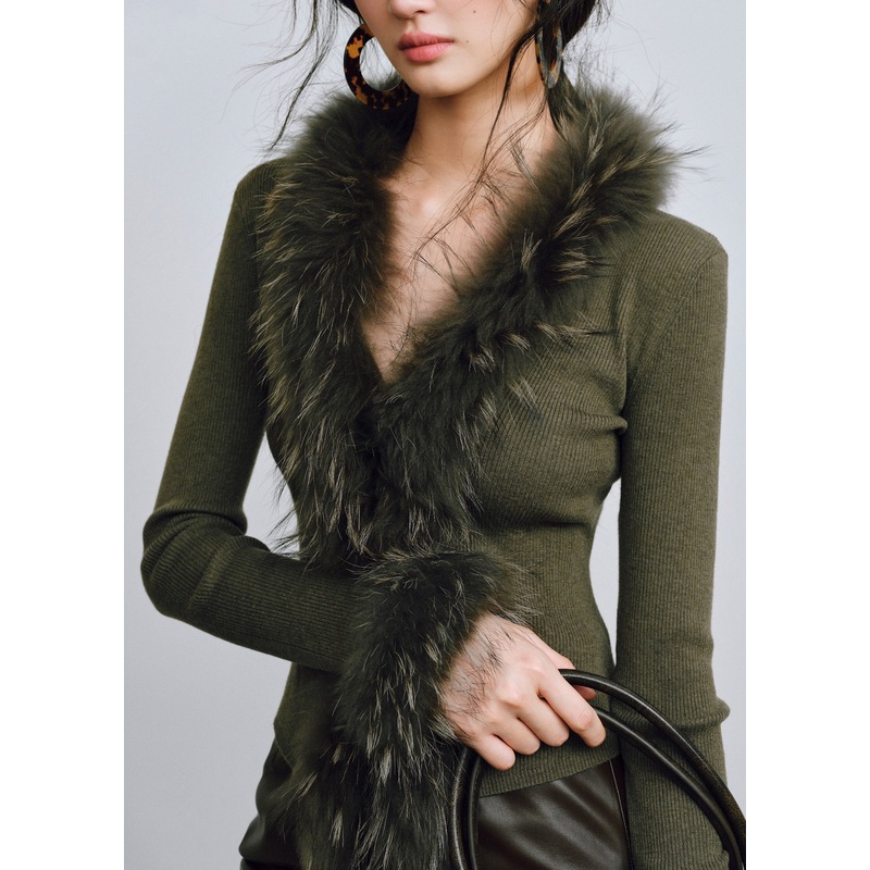 Slim Fit Green Raccoon Hair Collar Wool Knit Knitted Sweaters Winter