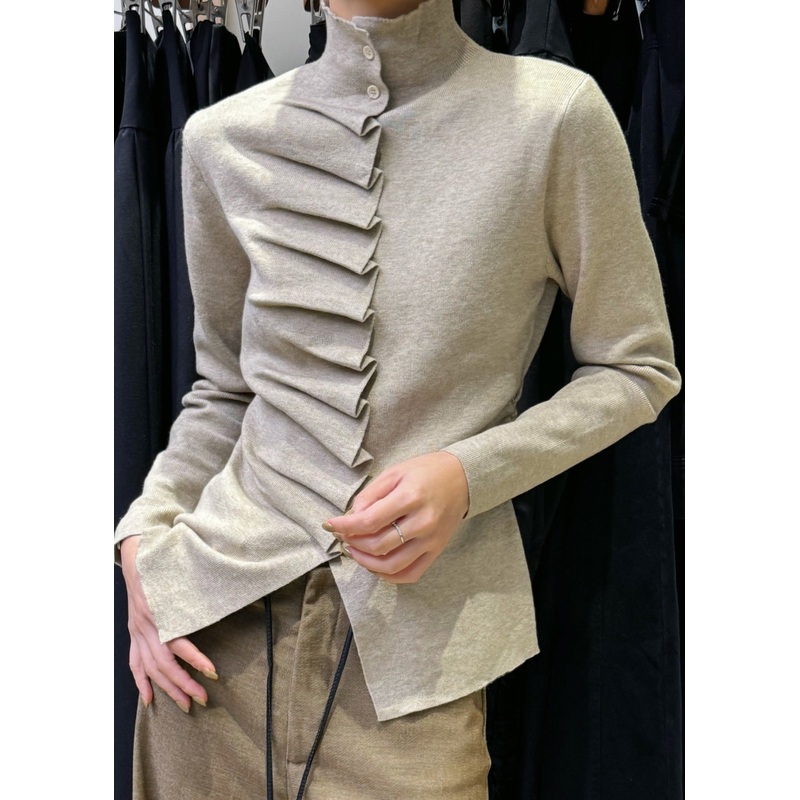 Slim Fit Oatmeal Wrinkled Button Knit Sweater Winte