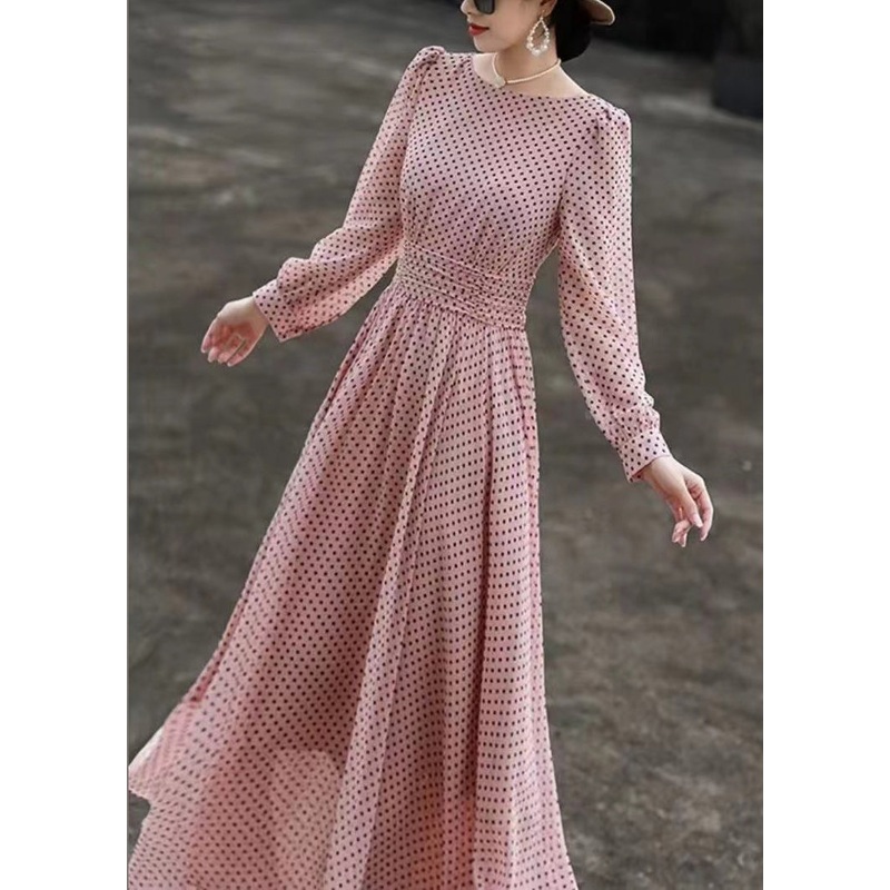 Slim Fit Pink Dot O Neck Chiffon Dresses Long Sleeve