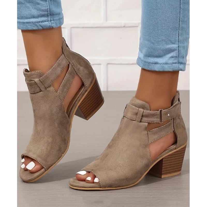 Soft Splicing Chunky Sandals Peep Toe Grey Suede