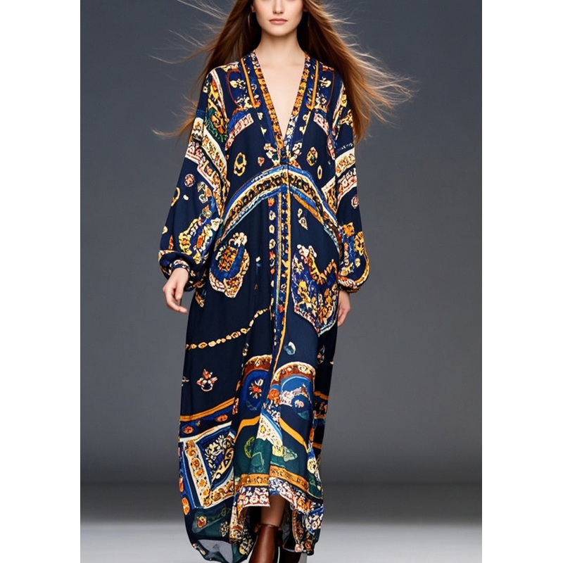 Style Black Oversized Print Chiffon Robe Dresses Fall