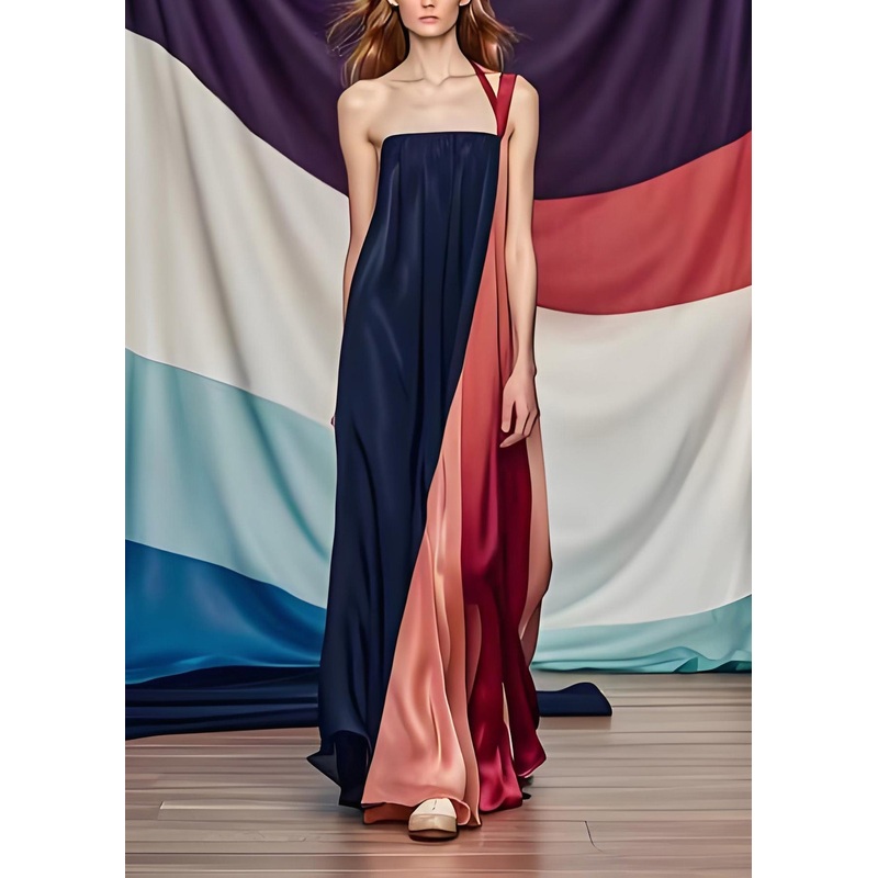 Stylish Colorblock One Shoulder Patchwork Silk Dress Summer