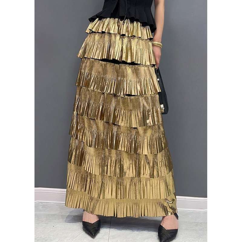 Stylish Gold High Waist Layered Wrinkled Skirts Summer
