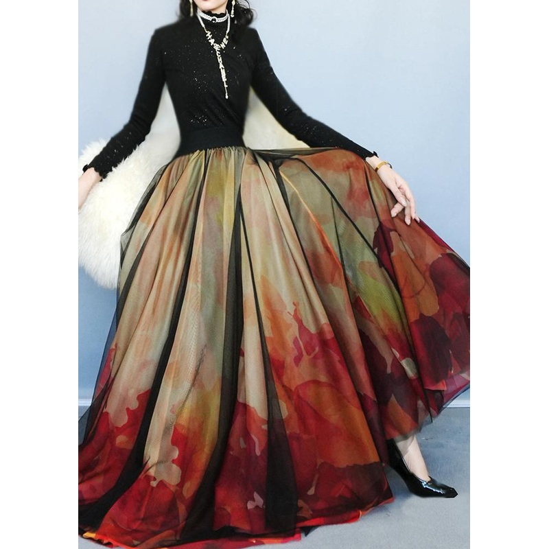 Stylish Gradient Color Print High Waist Tulle Skirts Spring