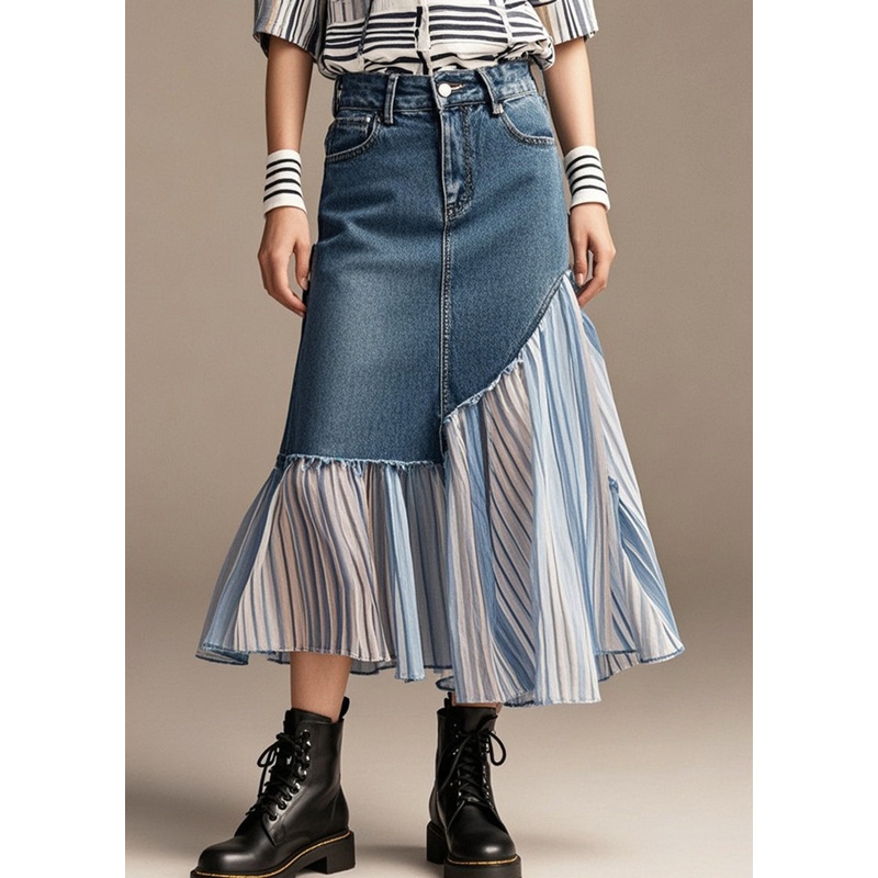 Stylish Navy Asymmetrical Patchwork Denim Pleated Skirt Spring