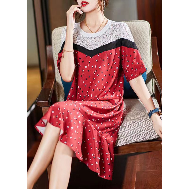 Stylish Red O-Neck Lace Patchwork Long Dress Short Sleeve