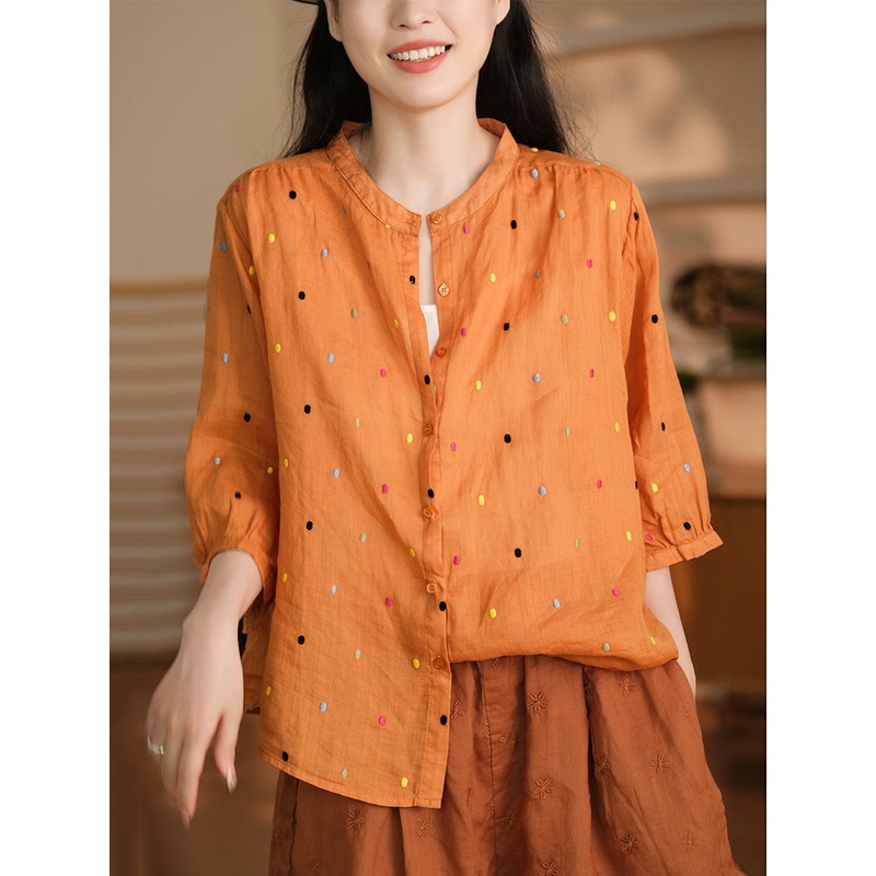 Summer Artsy Colorful Dot Button-up Ramie Shirt