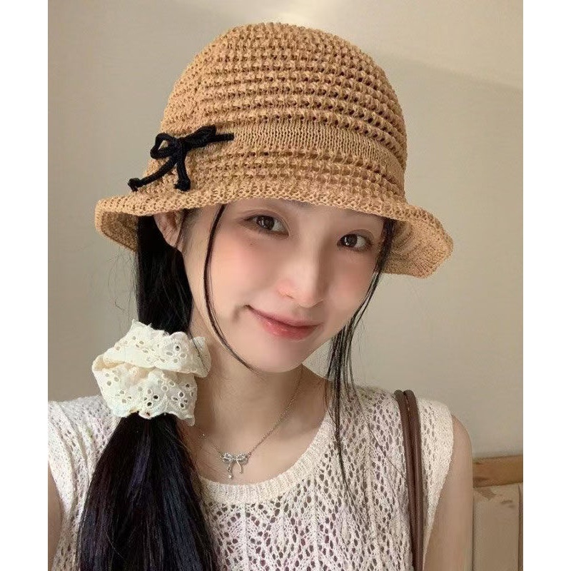Summer Camel Hollow Bow Bow Large Eave Sunshade Bucket Hat