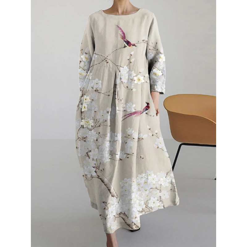 Summer Floral Round Neck Long Sleeve Midi Dress