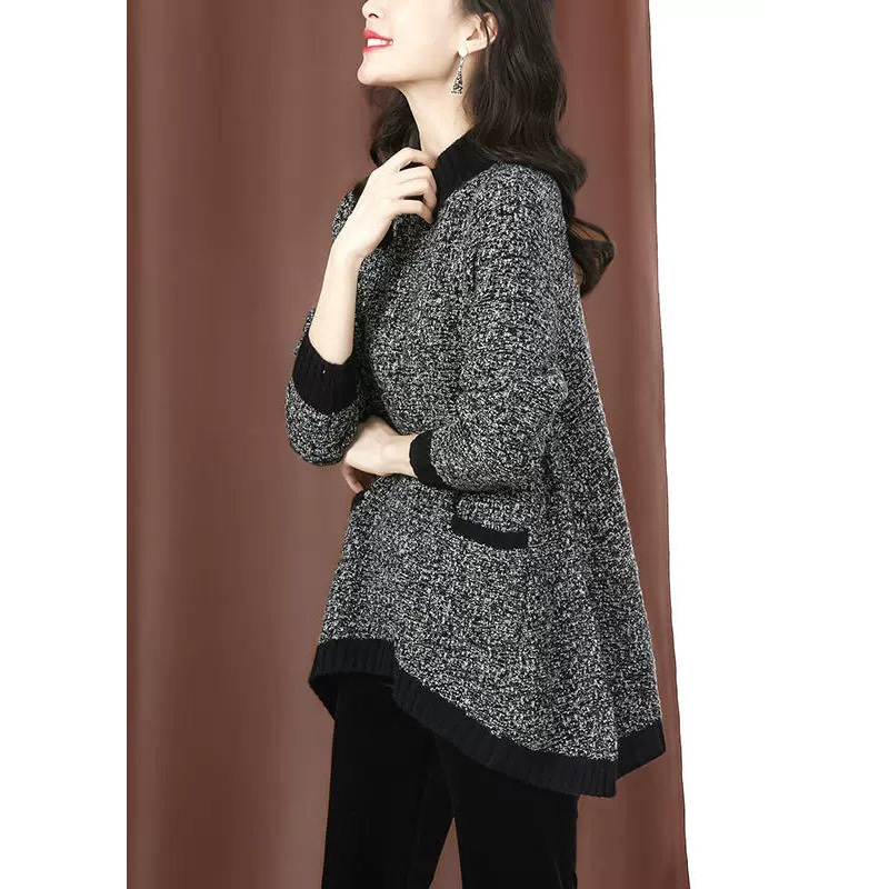 Unique Black Half Hign Neck Pockets Low High Design Knit Sweaters Spring