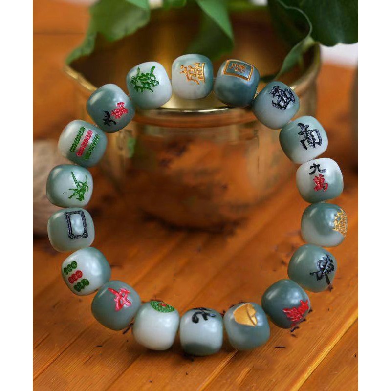 Unique Green Carving Jade Bodhi Mahjong Chain Bracelet