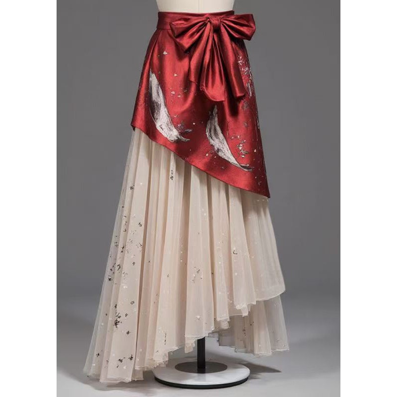 Unique Red Lace Up High Waist Patchwork Chiffon Skirt Summer