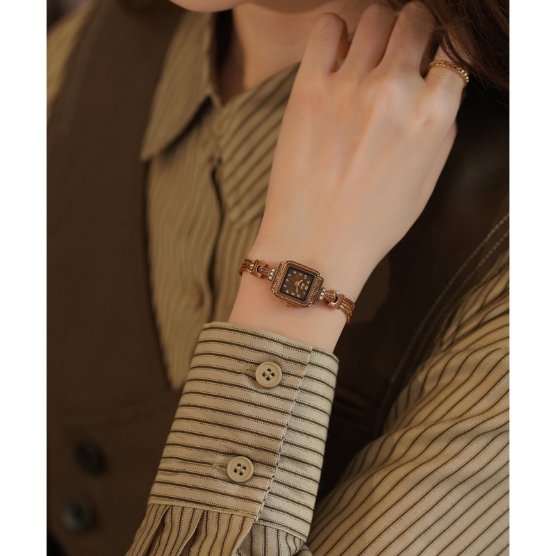 Vintage Coffee Alloy Zircon Tempered Glass Patchwork Chain Watches