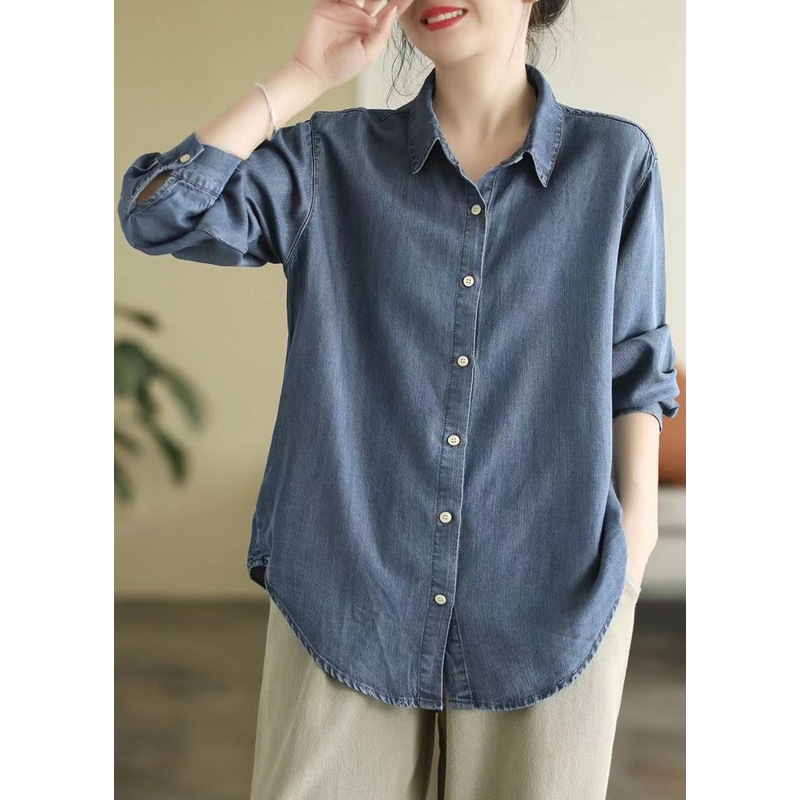 Vintage Denim Blue Peter Pan Collar Patchwork Button Shirt Long Sleeve