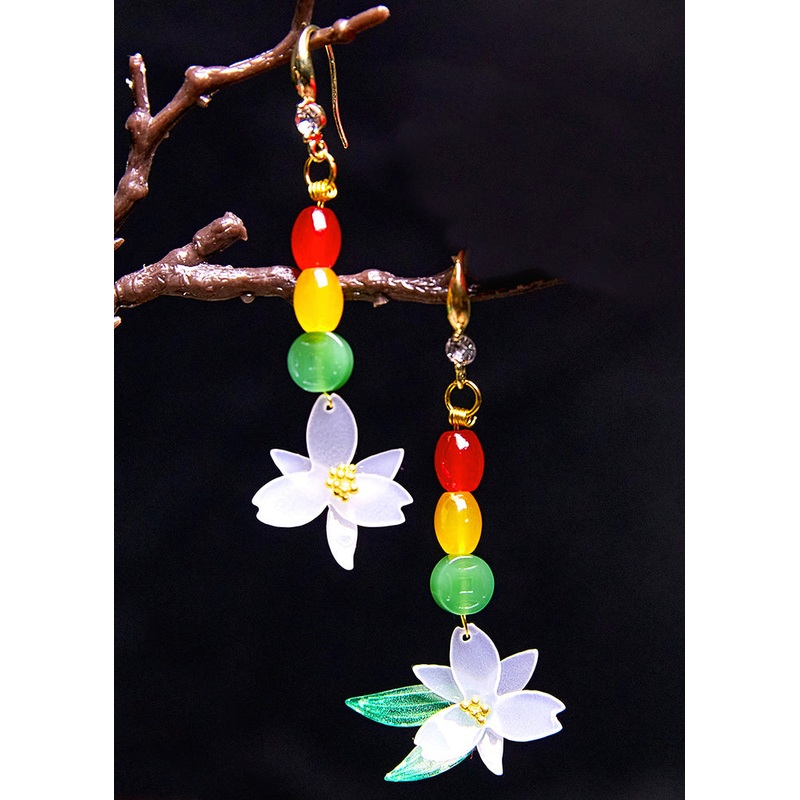 Vintage Jade Lotus Flower Zircon Drop Earrings