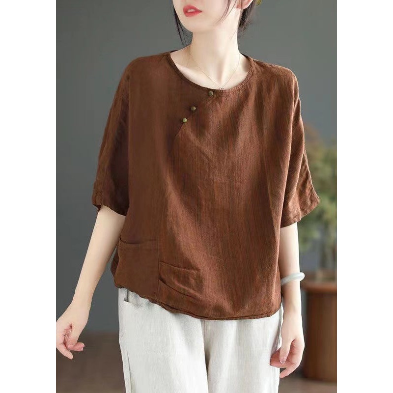 Vintage Versatile Coffee O Neck Linen T Shirts Half Sleeve
