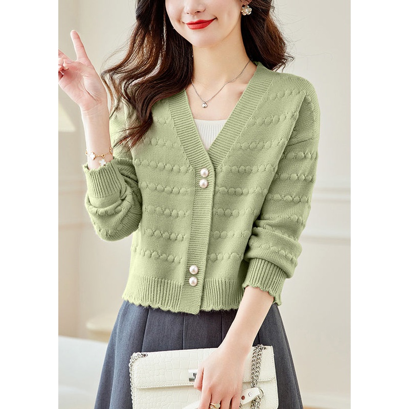 Vogue Green V Neck Button Knit Coat Fall